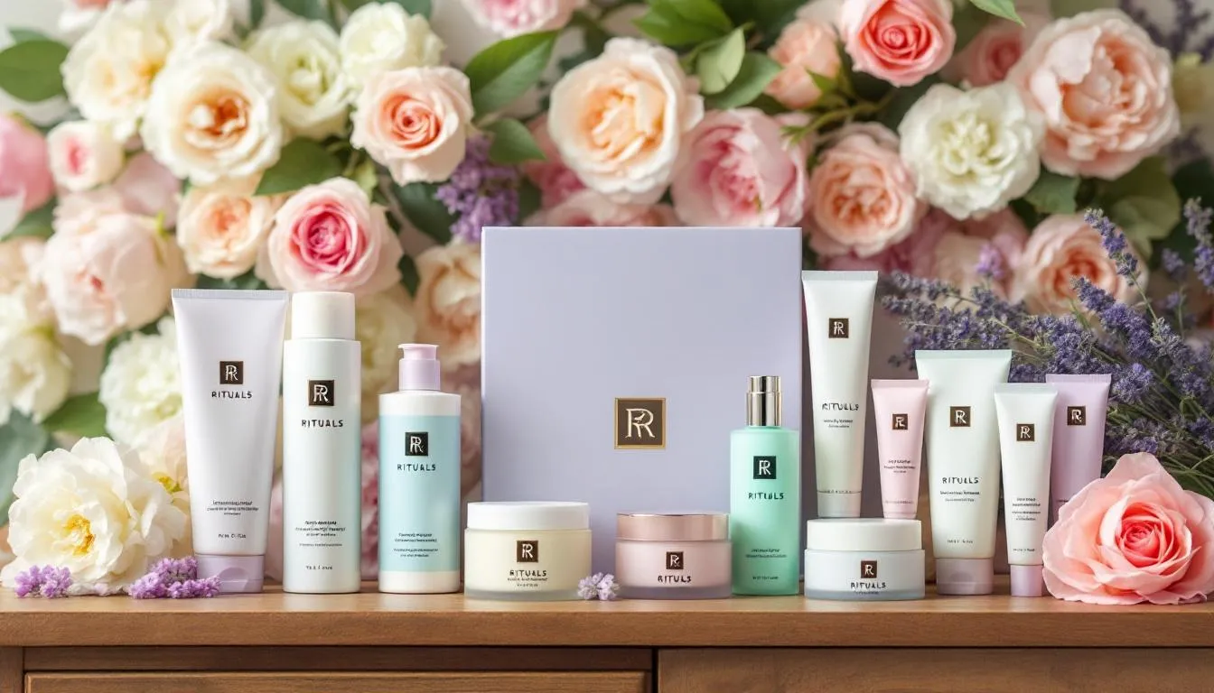 Na zdjęciu znajduje się luksusowa kosmetyczka wypełniona produktami Rituals, takimi jak prysznic w żelu i rozświetlający olej, umieszczona na tle kolorowych kwiatów. Kosmetyki te, oparte na składnikach pochodzenia naturalnego, są częścią ekskluzywnej kolekcji Rituals, idealnej na upominek lub zestaw podarunkowy.