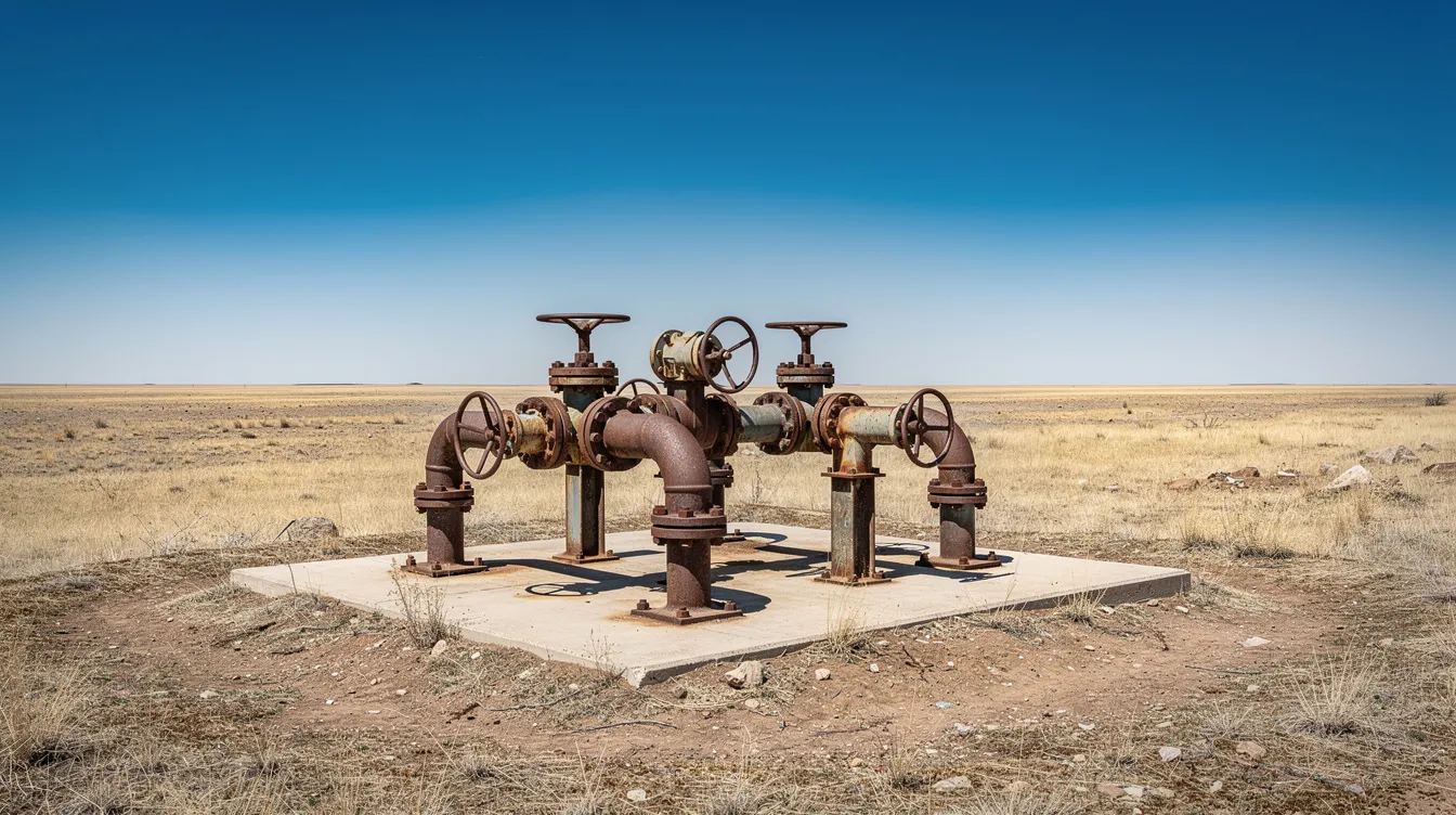 The image depicts a pipeline valve station situated in a dry grassland area, with a clear blue sky overhead. This energy infrastructure is essential for the operation of oil and gas pipelines, playing a crucial role in the transportation of natural gas and other resources while adhering to regulatory compliance and environmental protection standards.
