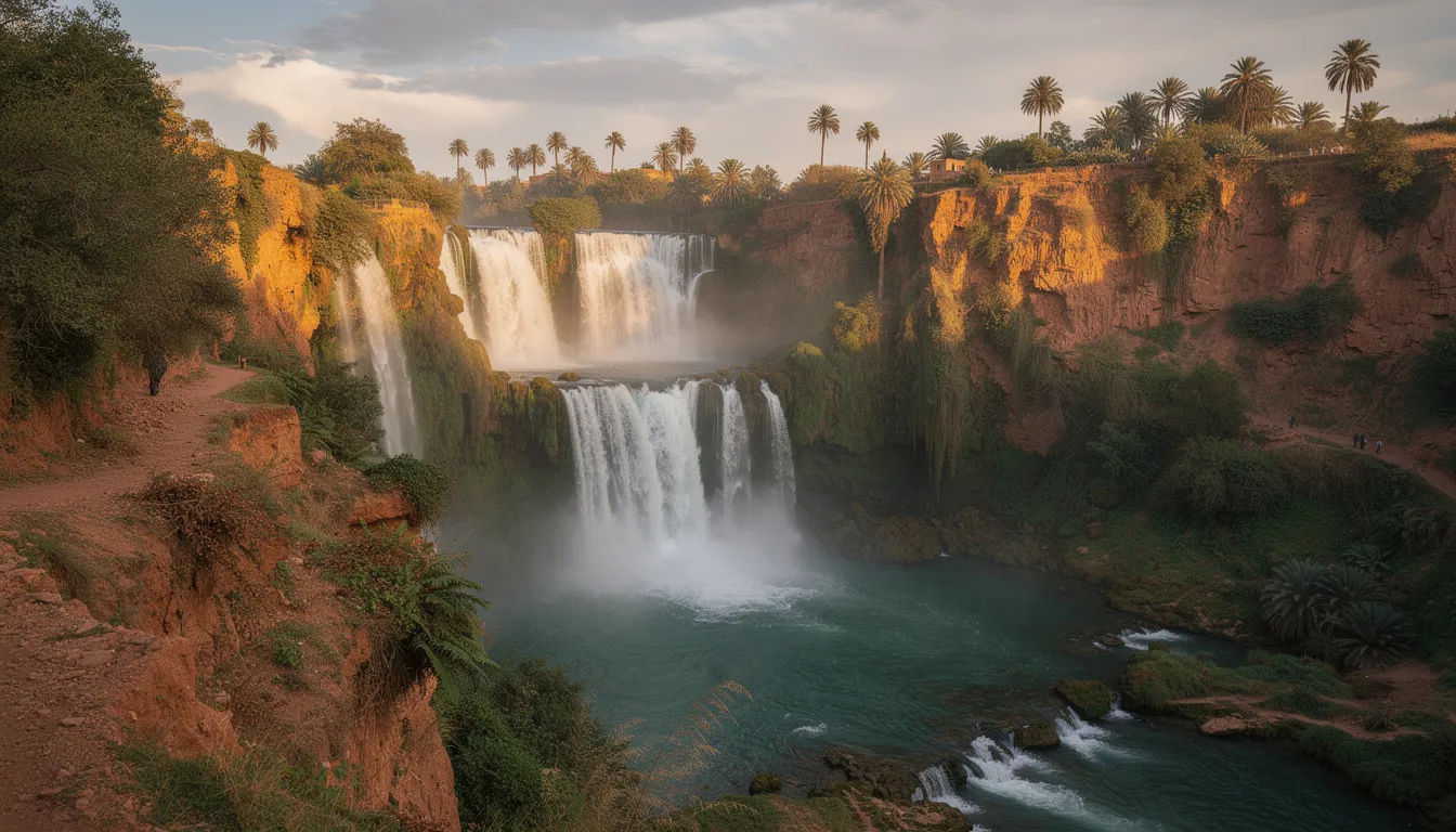 The image depicts the stunning Cascading Ouzoud Waterfalls, surrounded by vibrant green vegetation and rugged rocky cliffs, creating a breathtaking natural scene perfect for those exploring the beauty of Morocco on their Marrakech tours. This picturesque location is a must-visit for travelers seeking adventure and tranquility in the heart of nature.