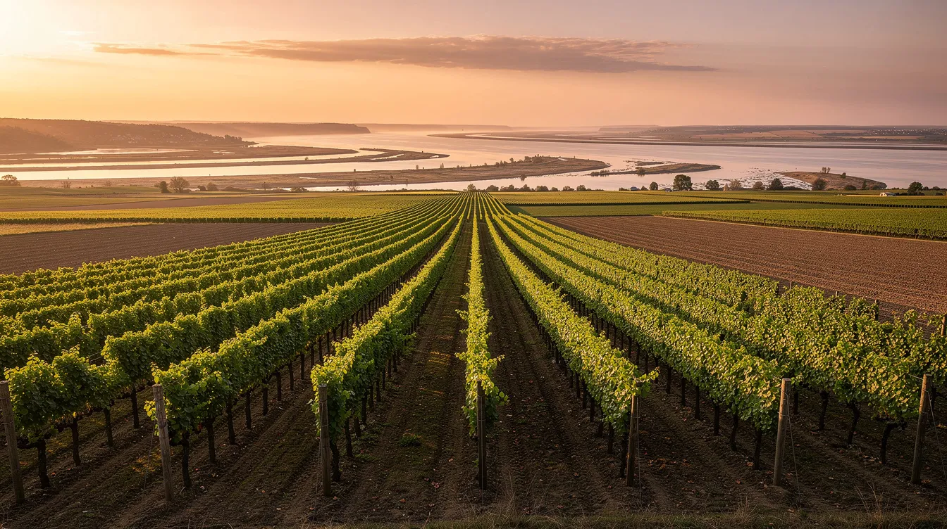 The image depicts vineyard rows extending towards a river delta during golden hour, with a warm sky illuminating the flat agricultural landscape. This serene setting highlights the beauty of wine country, perfect for enjoying a glass of red wine or pairing with delicious Mexican dishes like fish tacos or carne asada.