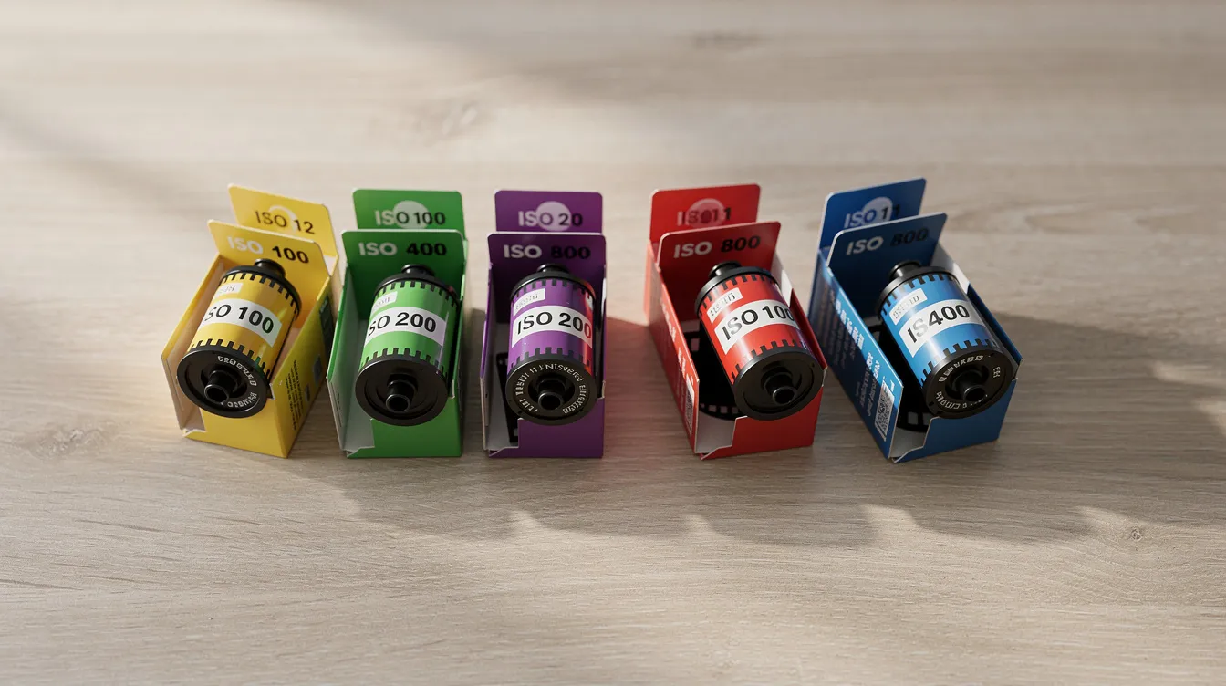 Auf einem hellen Holztisch sind verschiedene Filmrollen in bunten Verpackungen nebeneinander angeordnet, wobei die ISO-Angaben auf den Schachteln gut sichtbar sind. Die Verpackungen zeigen unterschiedliche Farben und Designs, die die Vielfalt der angebotenen Produkte darstellen.