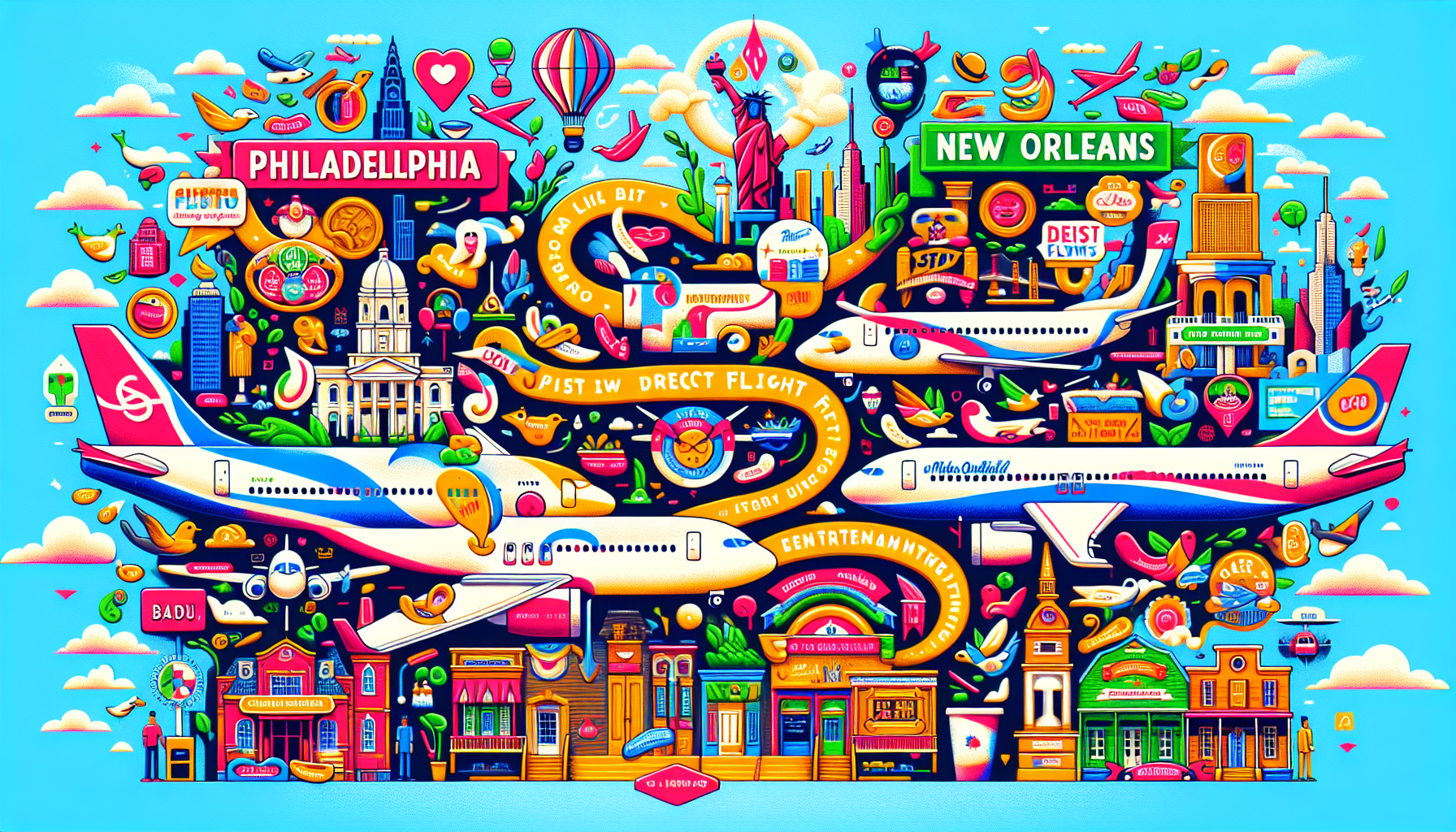 An illustration depicting various airlines that operate direct flights from Philadelphia to New Orleans.