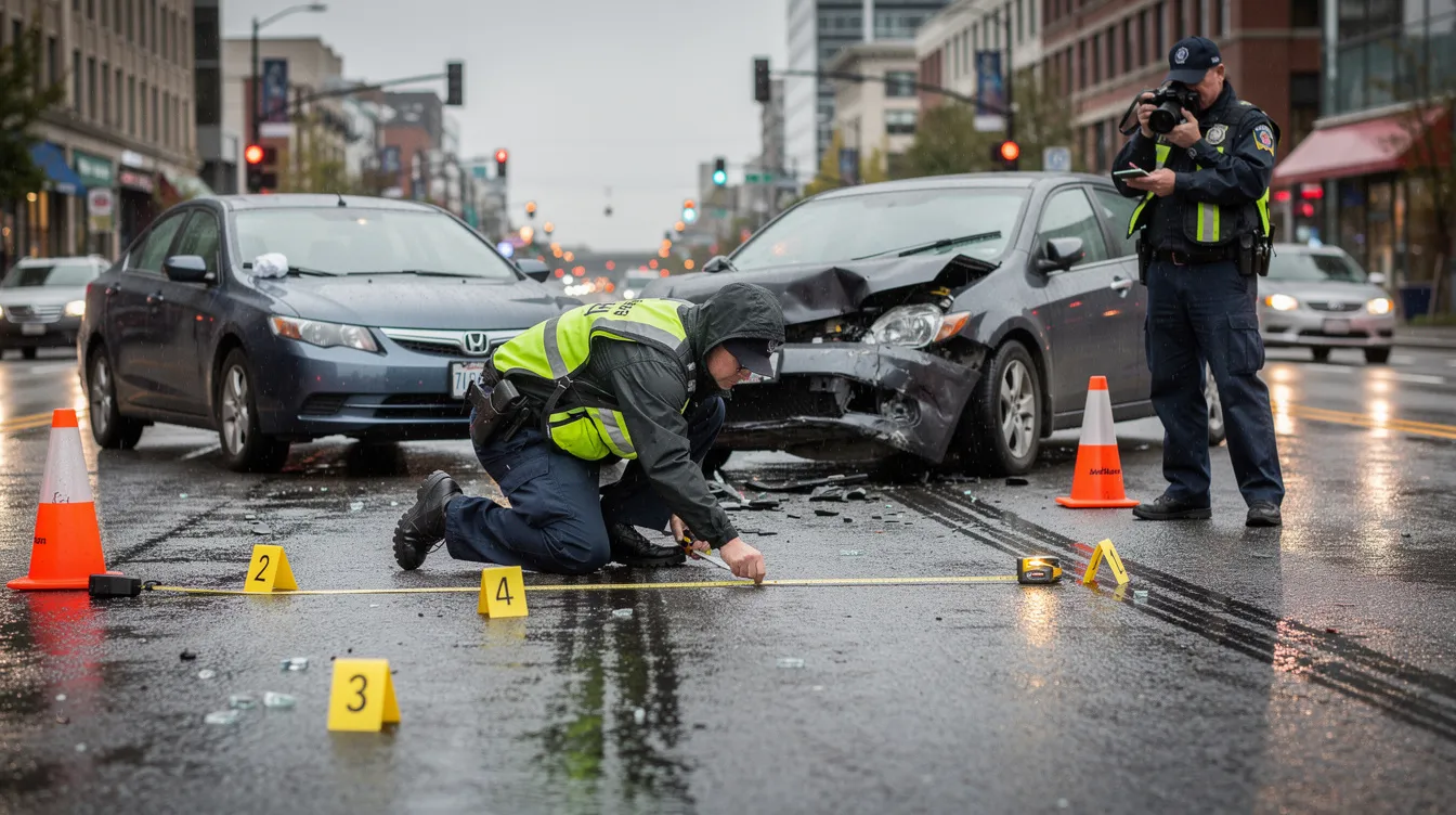A police officer measures skid marks on a wet Seattle roadway at the scene of a car accident, while another officer documents the incident with a notepad and camera. Traffic cones and evidence markers surround the damaged vehicles, set against a backdrop of blurred urban buildings under a cloudy sky, illustrating the serious nature of motor vehicle accidents and the importance of seeking legal representation from a Seattle car accident lawyer.