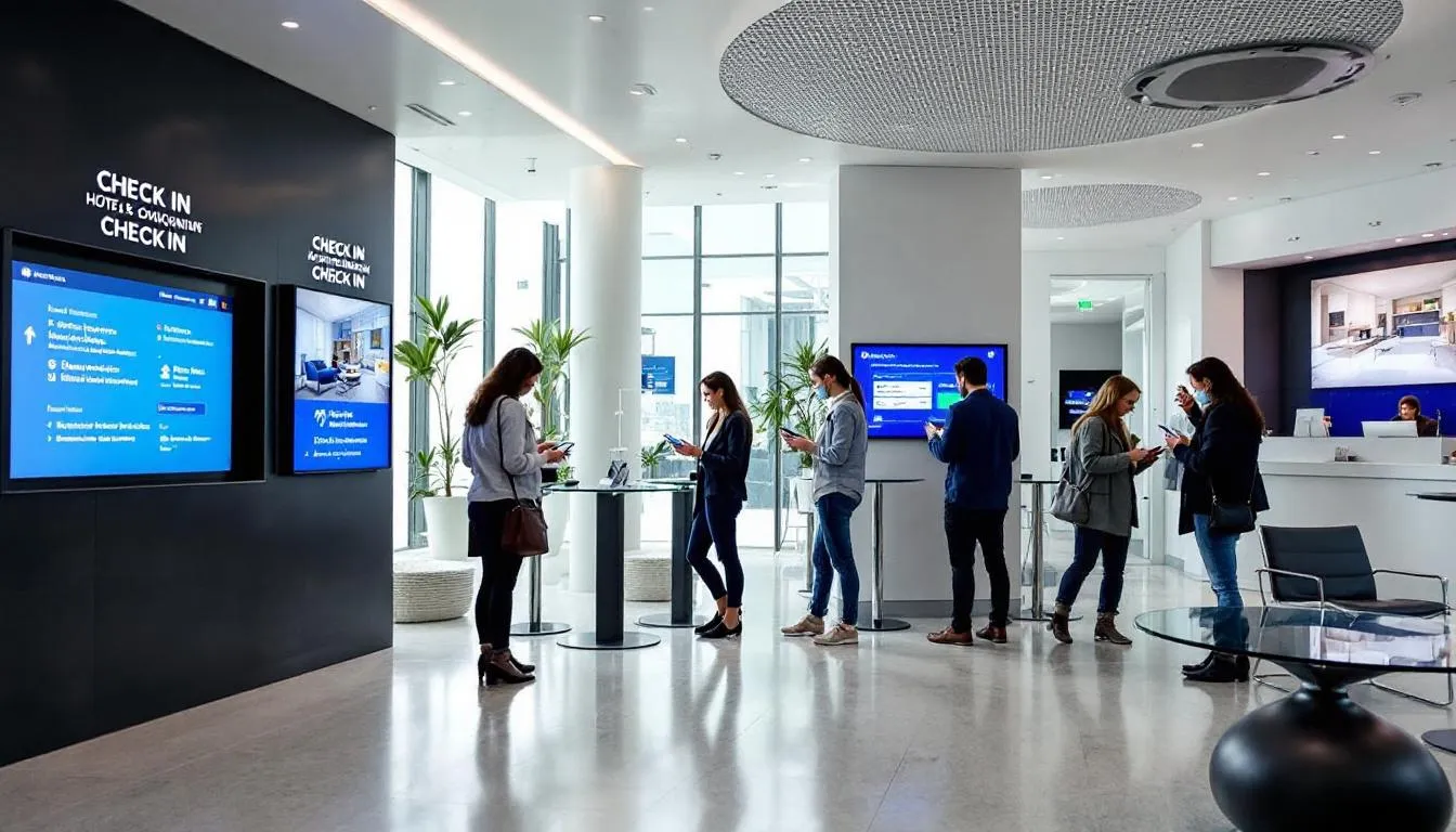 Gäste in moderner Hotellobby buchen mobil – optimierte Hotel-Website.