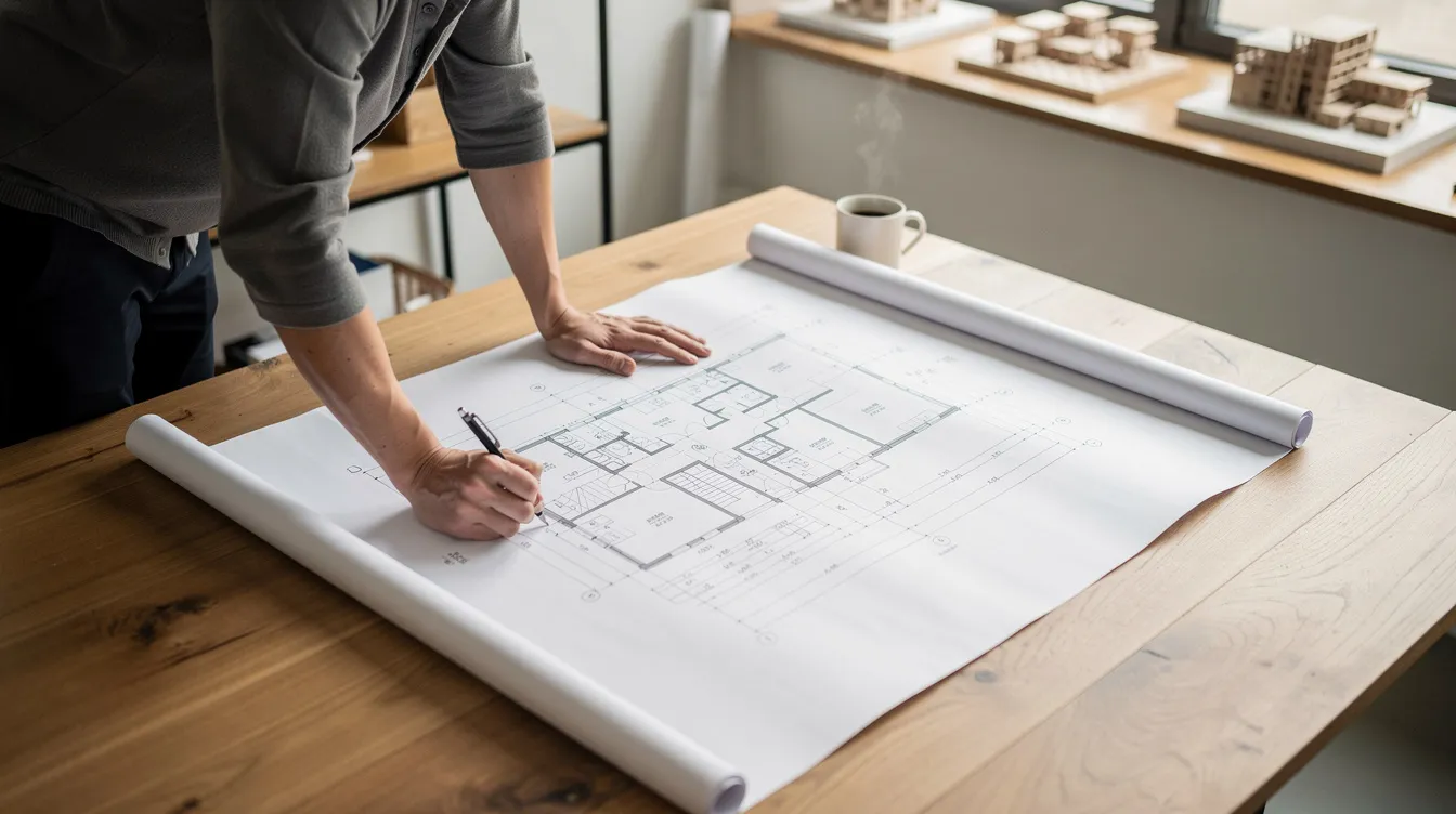 A person is intently reviewing architectural blueprints spread across a large table, with a coffee mug nearby, indicating a focused session on planning a real estate project. This scene reflects the meticulous nature of real estate investing, where understanding property details is crucial for securing financing options like hard money loans for renovation or flipping houses.