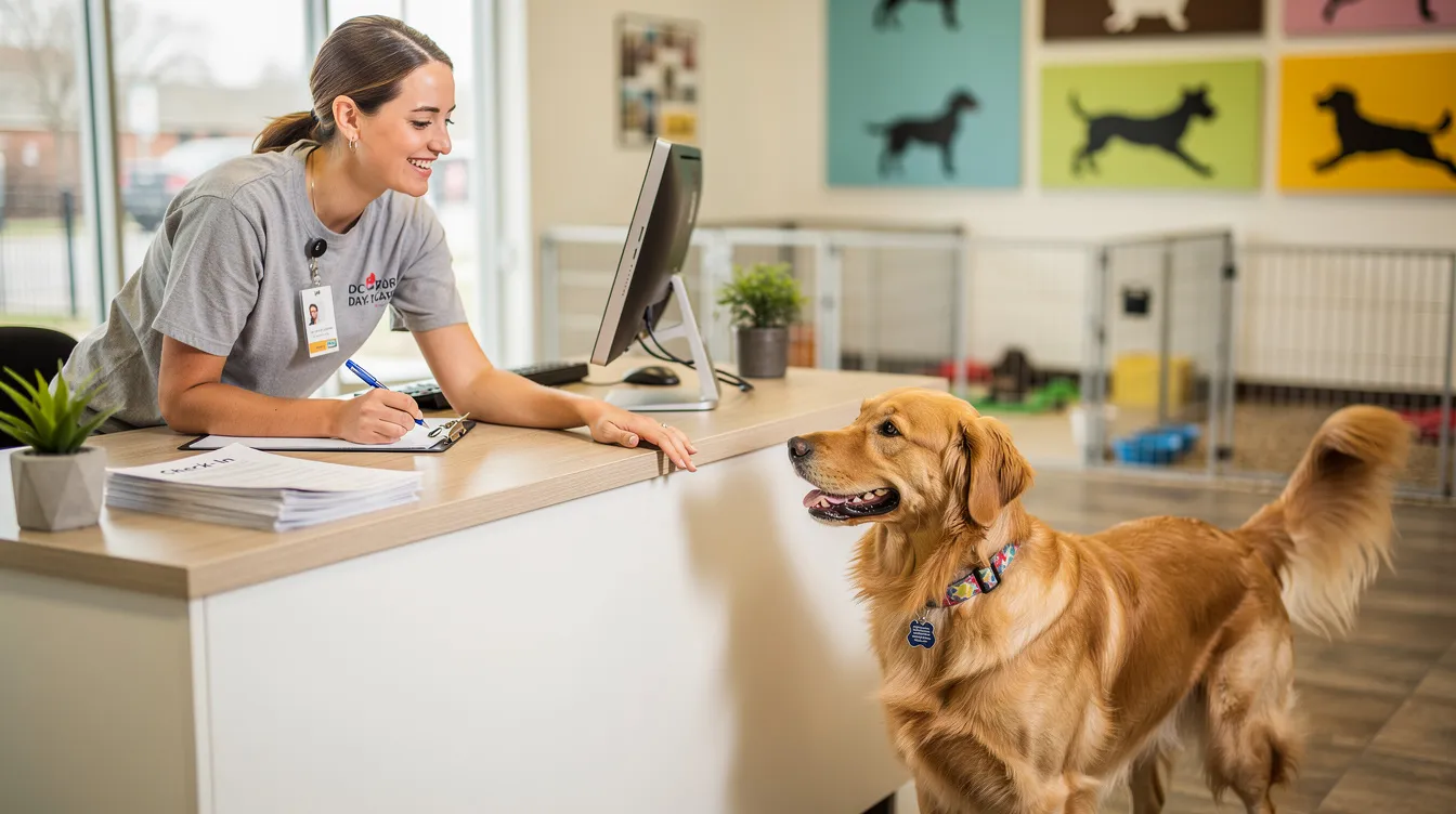 A staff member is cheerfully checking in a happy golden retriever at the front desk of a dog daycare facility, showcasing a welcoming environment for pet parents. The interaction highlights the importance of customer experience in the pet care industry, ensuring furry companions receive the best care during their daycare program.