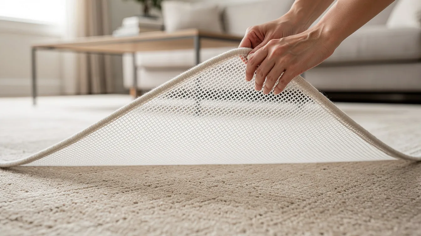 A thin mesh rug pad is being carefully placed underneath an area rug on a beige carpet in a living room, ensuring that the rug corners stay flat and preventing any curling that could create a tripping hazard. This proper padding helps keep the rug secure and enhances the rug's functionality in high traffic areas.