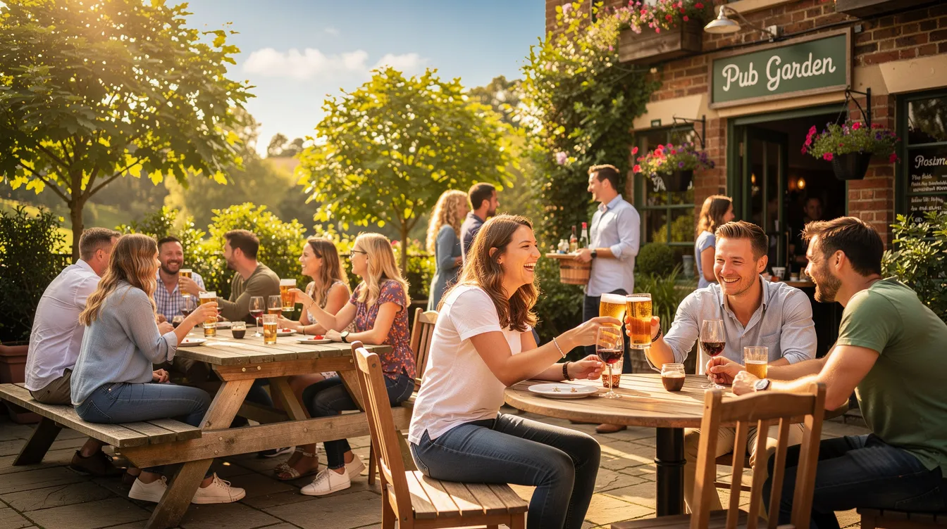 The image depicts a vibrant outdoor pub garden filled with people seated at tables, enjoying drinks under the warm summer sun. Lush greenery surrounds the scene, creating a lively atmosphere where patrons savor refreshing beverages, possibly including Stella Artois strawberries and cream beer, as they celebrate the joys of summer.