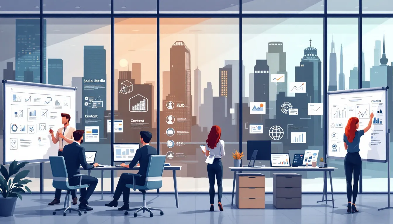 The image depicts a range of services offered by content marketing agencies in London, showcasing various elements such as digital marketing strategies, social media marketing, and content production. It highlights the importance of creating memorable content and engaging campaigns to drive brand loyalty and reach target audiences effectively.