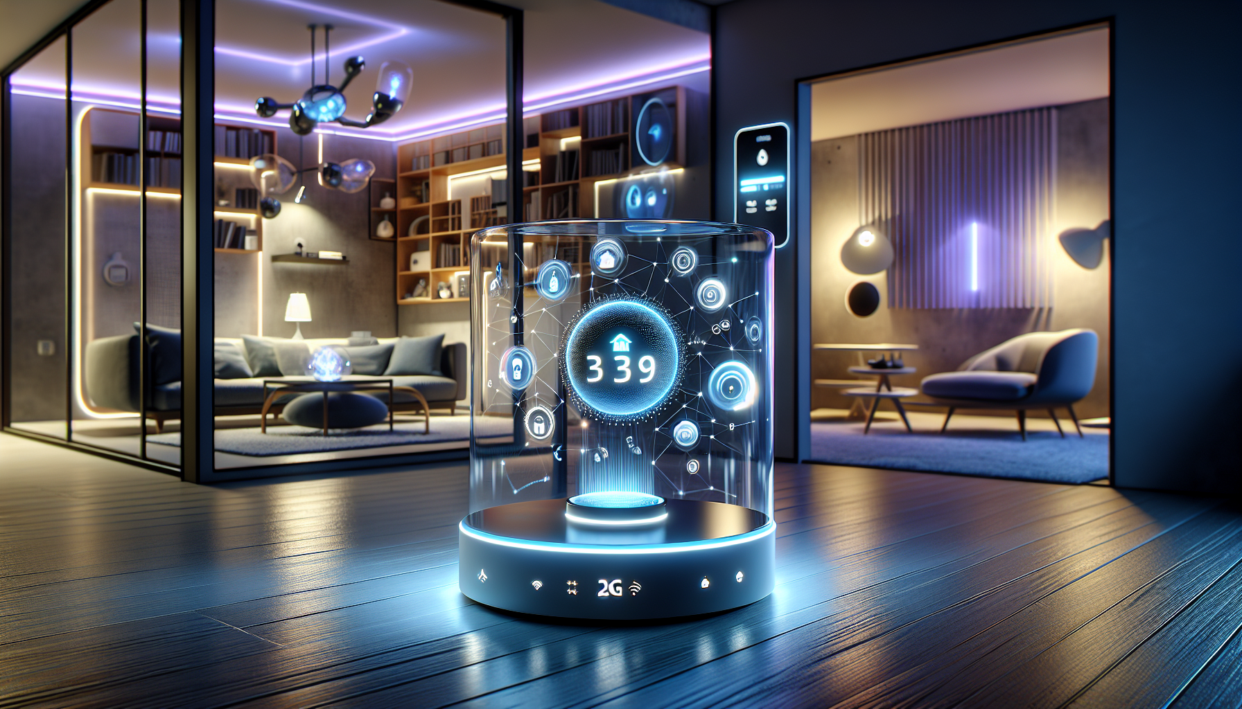 Illustration of a futuristic smart home with various interconnected devices