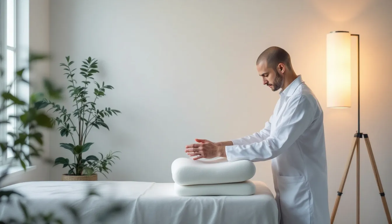 Ein Orthopäde, der ein orthopädisches Kissen untersucht.