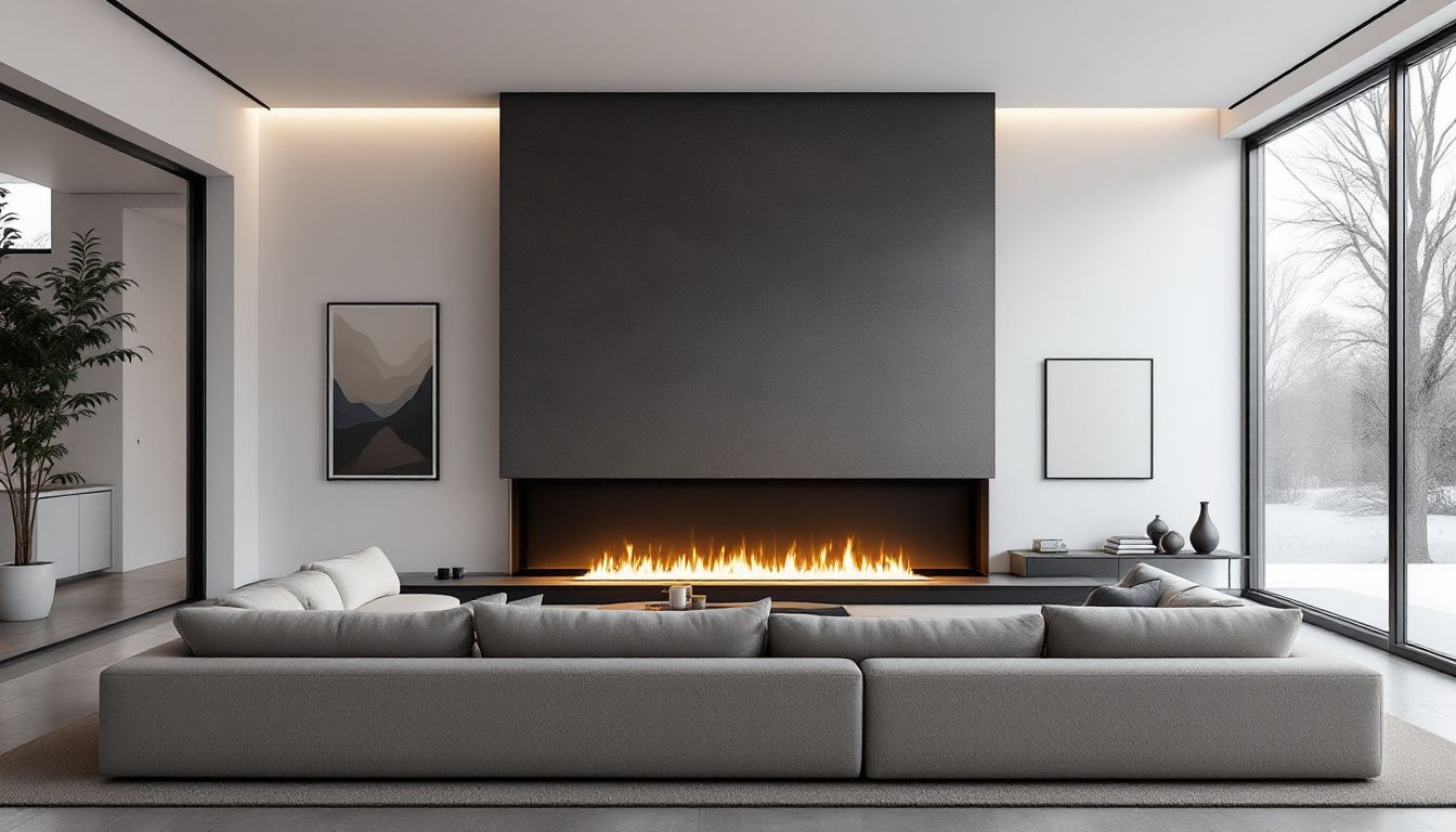 A wide linear fireplace as a focal point in a living room.