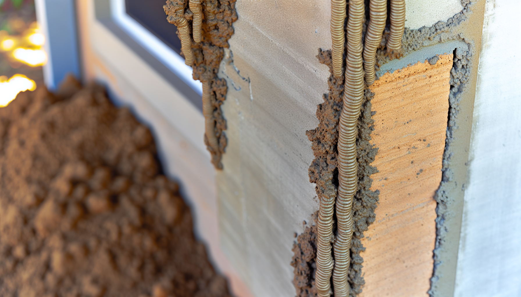 Photo of subterranean termite mud tubes near a home's foundation