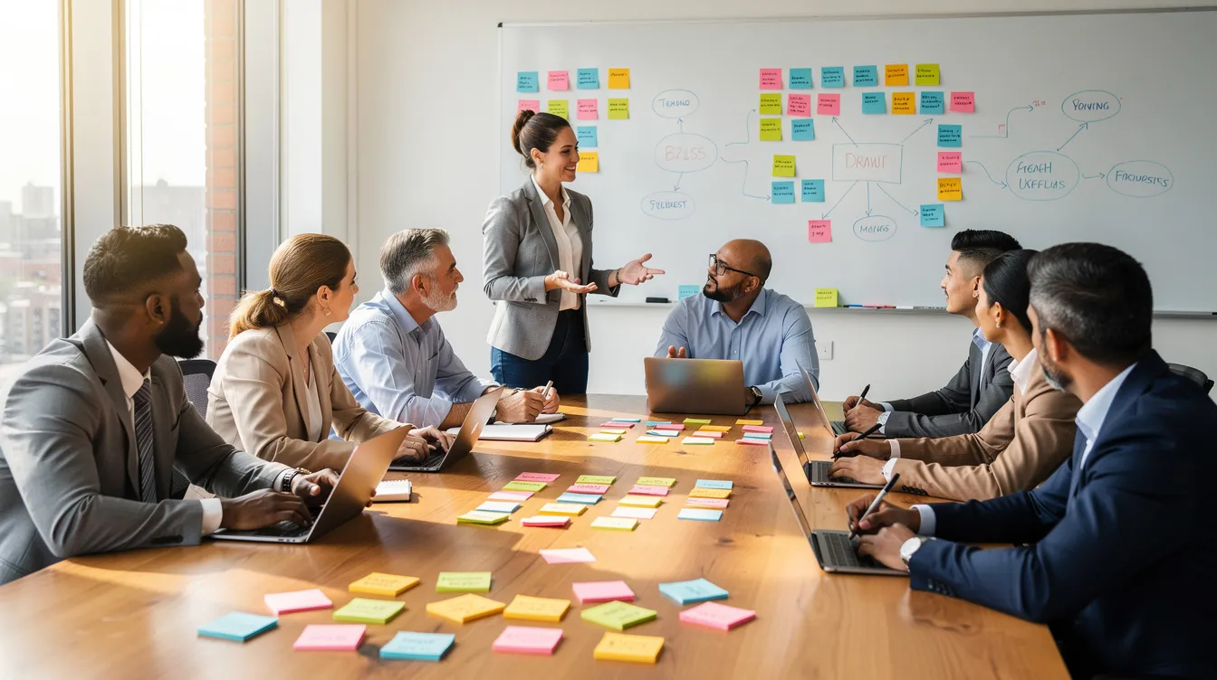 Une équipe diverse est réunie autour d'une table, discutant de manière constructive, avec des post-its et un tableau blanc en arrière-plan. Cette image illustre la persévérance et la ténacité des entrepreneurs face aux défis du business, soulignant l'importance de la collaboration pour atteindre des objectifs communs.