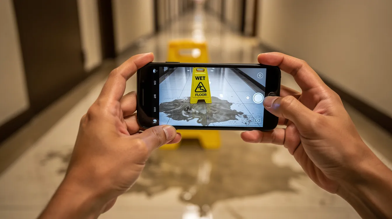 A close-up image shows a person using a smartphone to capture a photo of a wet floor in a hotel hallway, highlighting a potentially dangerous condition that could lead to hotel guest injuries. This scene underscores the importance of property owners maintaining safe environments to prevent hotel accidents and potential premises liability claims.