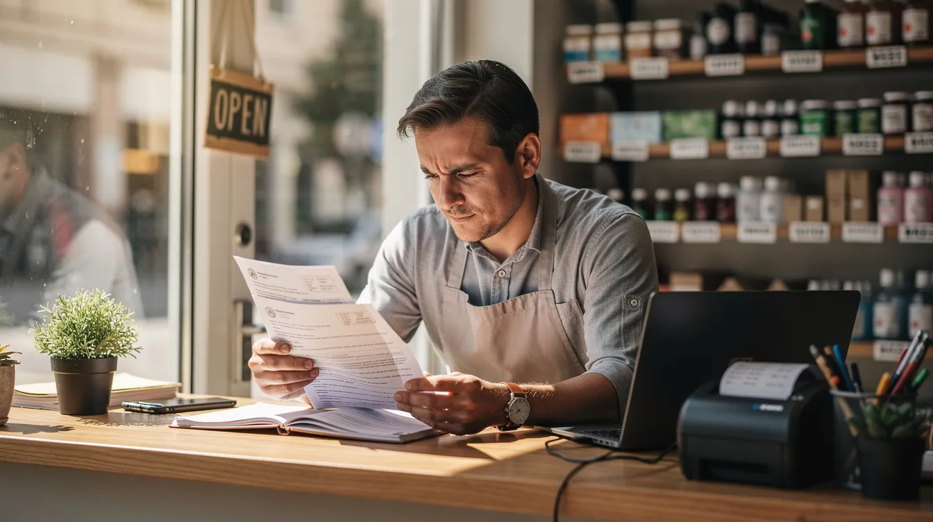 f013abd7 3937 4a2d ade6 ce11ba9a17c2 A small business owner is seated at a shop counter, carefully reading through official documents related to the Pradhan Mantri Mudra Yojana, which may include details about loan amounts, eligibility, and terms for cash credit and working capital. The owner appears focused, likely assessing the approval letter claims and other important information for their business.