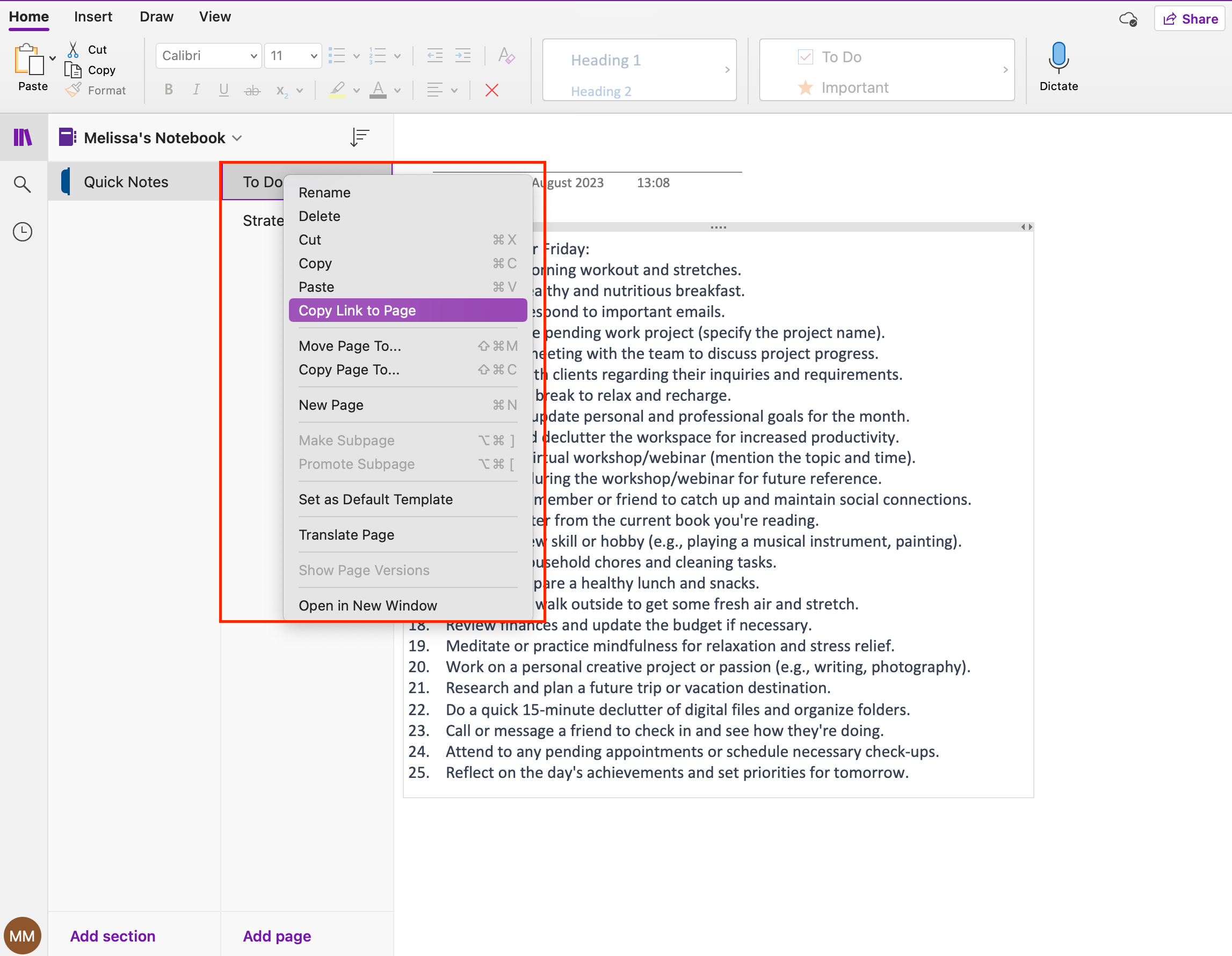 Copying a link to a notebook on OneNote
