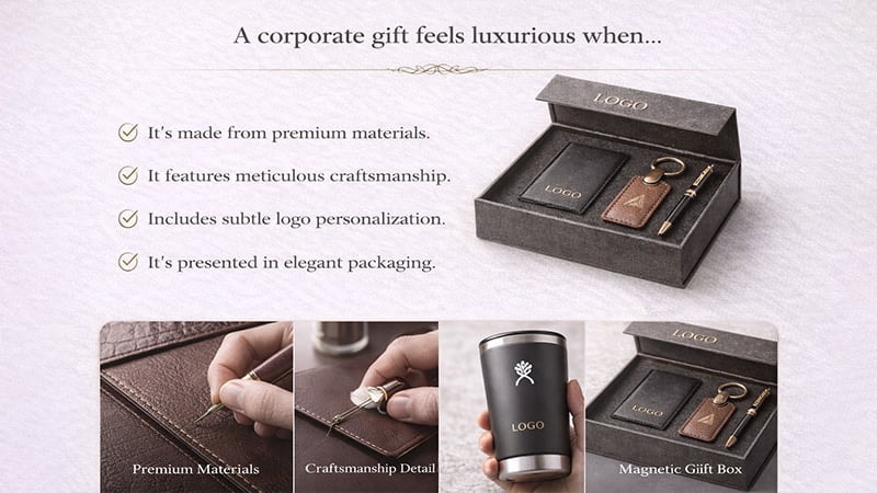 Corporate gift set with notebook, keyring and tumbler illustrating premium materials, fine craftsmanship, subtle logo and elegant packaging