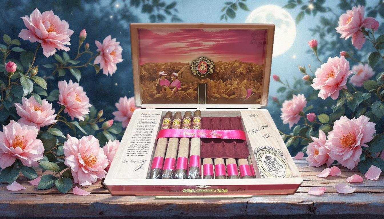 A selection of Rare Pink Sophisticated Hooker cigars displayed in a rustic setting.