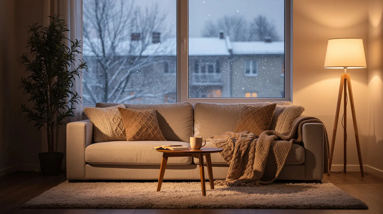 The image depicts a cozy apartment living room, featuring a comfortable sofa and a warm blanket, with a large window showcasing a snowy winter scene outside. This inviting space is perfect for relaxation, emphasizing a sense of comfort during the chilly season.