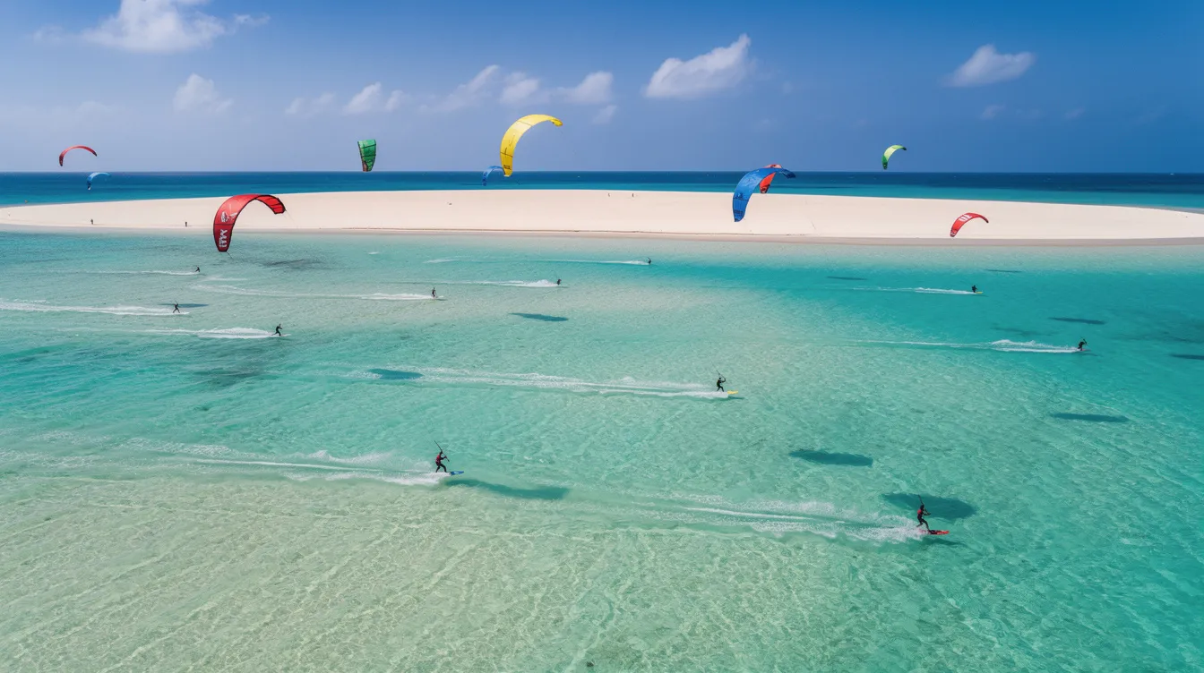 Bunte Kitesurfer gleiten über das türkisfarbene Wasser einer flachen Lagune, während im Hintergrund die Sandbank und die beeindruckenden Dünen von Corralejo zu sehen sind. Diese Szene spiegelt die Schönheit der schönsten Strände auf Fuerteventura wider und lädt Wassersportler und Familien zu einem unvergesslichen Badeurlaub ein.