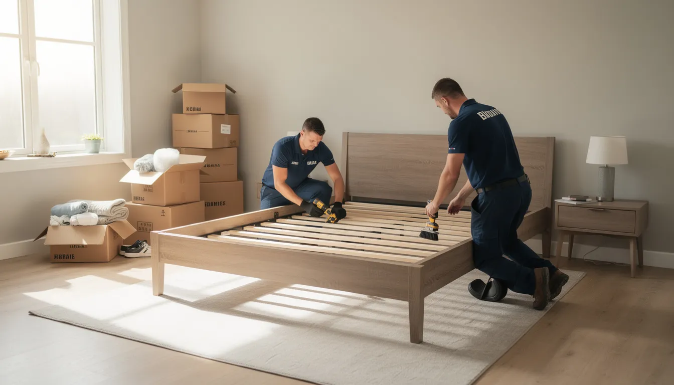 A moving team is seen assembling a bed frame in a bright, airy bedroom, with several boxes stacked nearby, indicating the ongoing process of relocating household items. This scene reflects the reliable packing and moving services that ensure a stress-free transition to a new home.