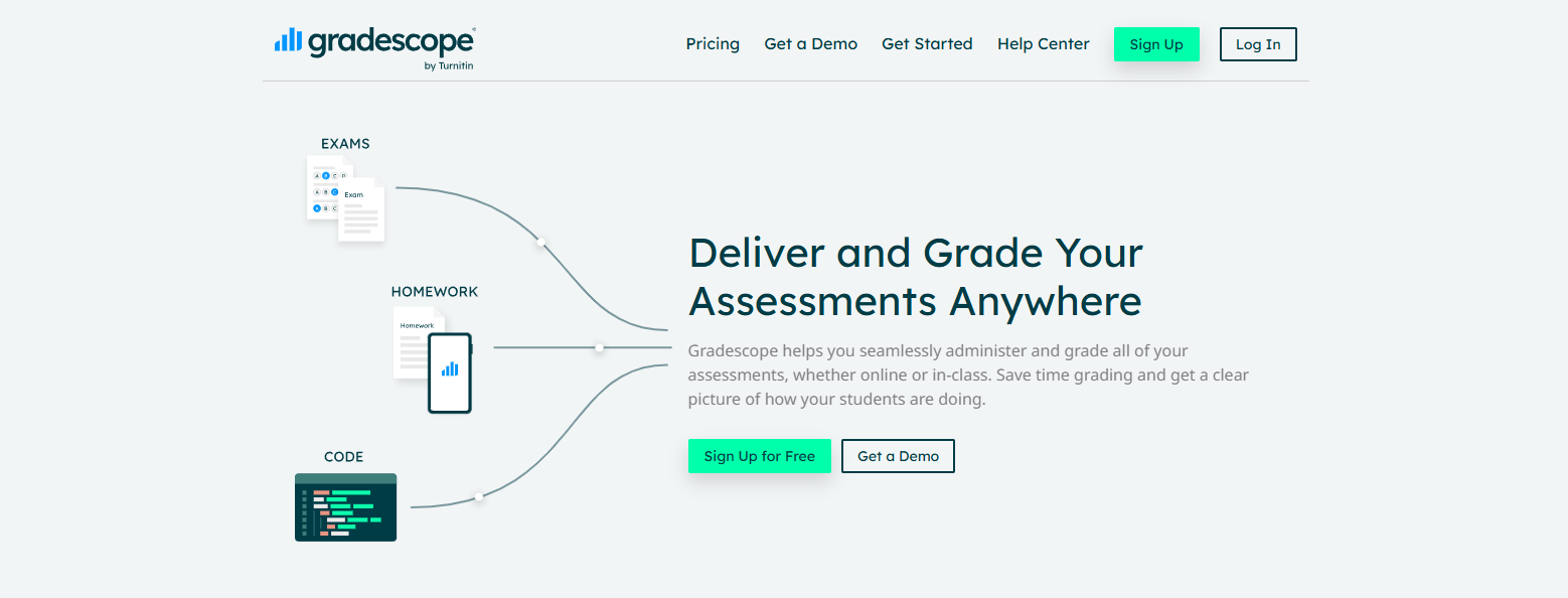 Gradescope assessment platform homepage showing online exam, homework, and code grading tools for educators to streamline assessment and feedback.
