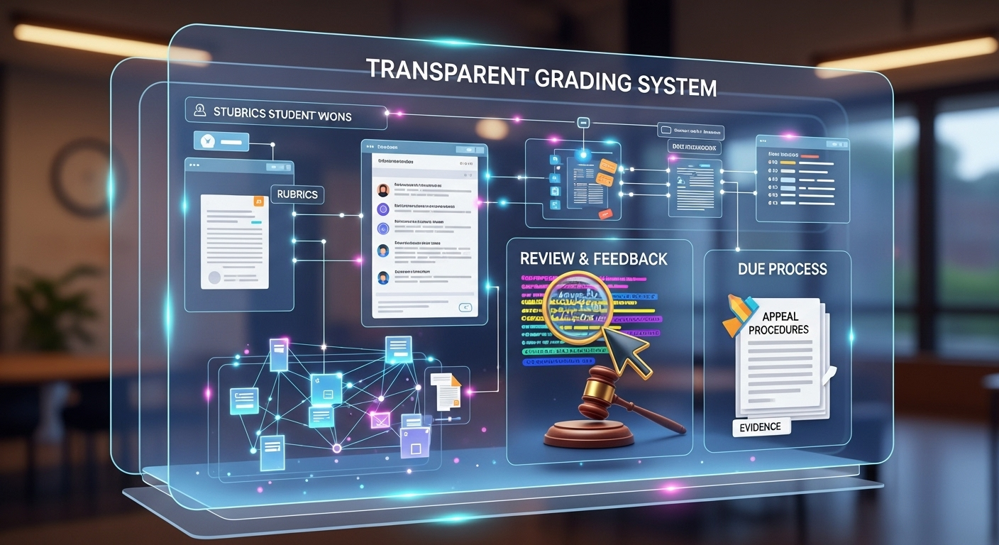 Transparent grading system illustration emphasizing fairness, review, and due process