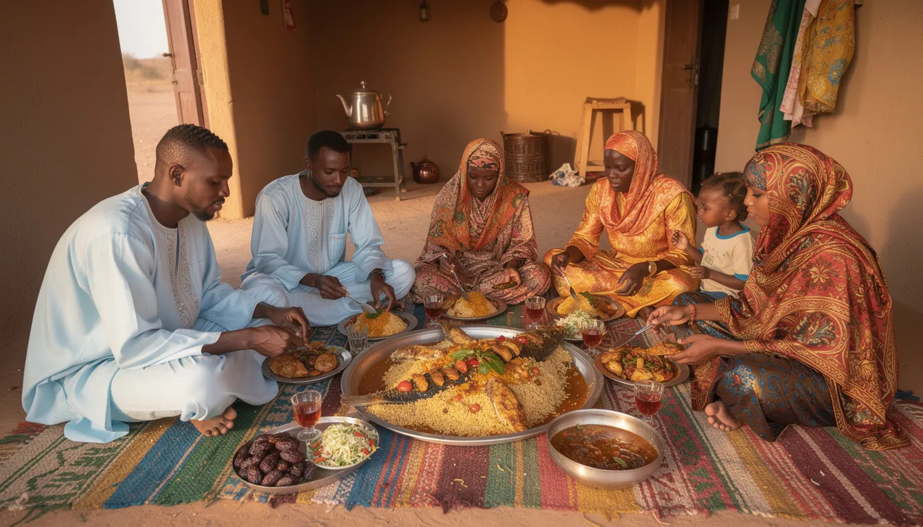 Una familia mauritana se reúne alrededor de una gran fuente metálica en el suelo, compartiendo una comida tradicional que incluye arroz, carne de cordero y verduras, reflejando la rica gastronomía de Mauritania y sus tradiciones culinarias. El ambiente es cálido y acogedor, con todos disfrutando de la diversidad de sabores que ofrece la cocina de África Occidental.