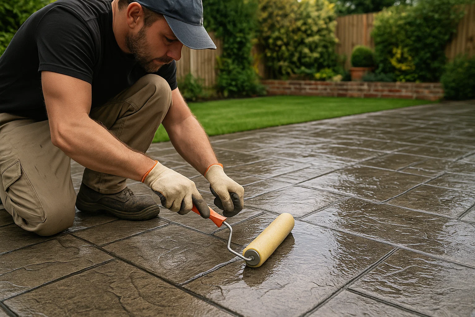 Close-up of a contractor applying sealer to protect a stamped concrete driveway.