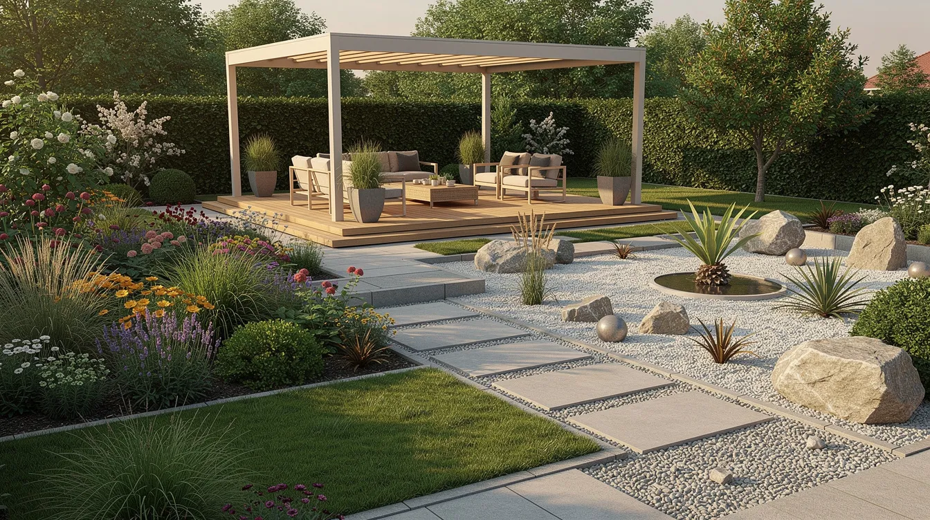 Un jardin paysager bien aménagé présente différentes zones végétales et minérales, avec une terrasse couverte sous une pergola, offrant un espace de détente idéal pour profiter de la nature. Des plantes variées et des surfaces en pierre naturelle ajoutent une touche esthétique à cet environnement extérieur.