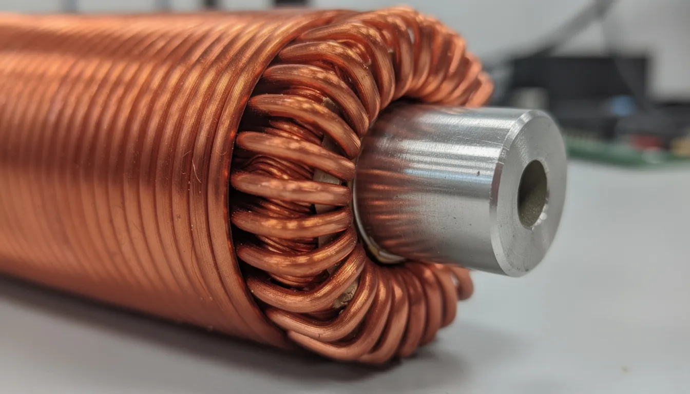 A close-up view of a copper wire solenoid coil assembly is displayed, highlighting the tightly wound wire around a cylindrical core. This solenoid, often used in medical devices and various applications, demonstrates the principles of magnetism and magnetic fields.