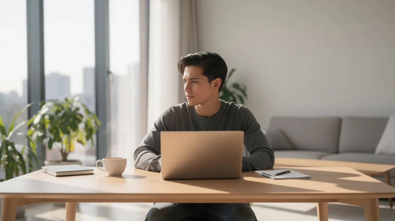 A person is sitting at a modern desk in a bright apartment, working on a laptop while enjoying a cup of coffee. The scene conveys a sense of productivity and comfort, ideal for managing tasks such as applying for a personal loan or exploring flexible repayment options.