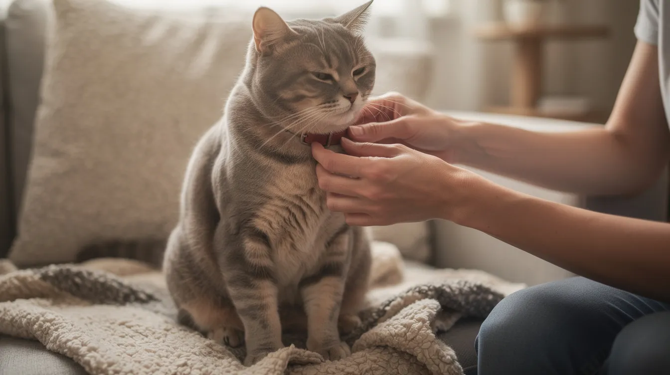 A person is gently checking a friendly stray cat for a collar while the cat sits calmly, showcasing a moment of positive human interaction with a curious feline friend. This scene highlights the bond that can form between humans and stray cats, reflecting compassion and the healing process of building trust.