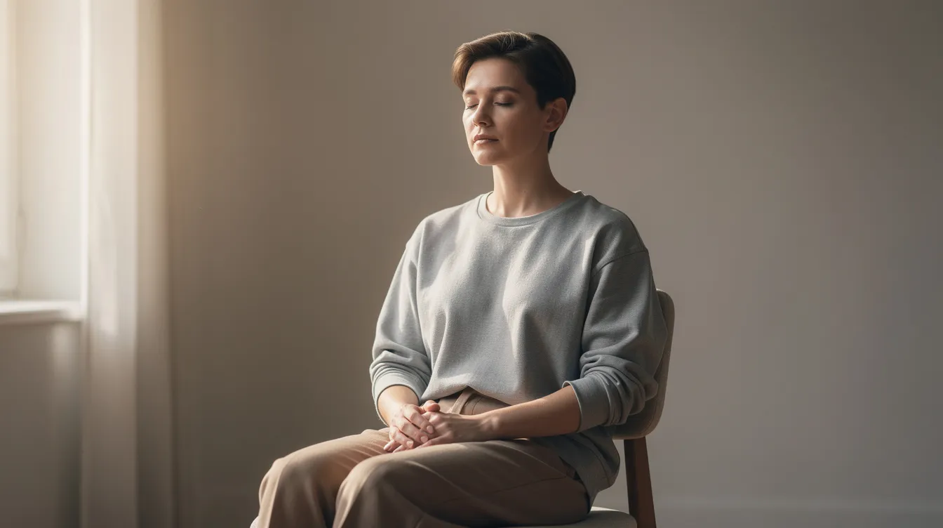 The image depicts a person sitting peacefully with their hands resting gently on their lap, surrounded by soft natural lighting, embodying a sense of self-compassion and emotional regulation. This serene posture suggests a moment of healing from feelings of shame and a connection to overall well-being, reflecting a journey towards understanding and overcoming toxic shame.