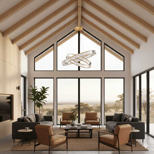 Contemporary intertwined ring chandelier with an airy open form centered in a tall gable-ceiling interior.