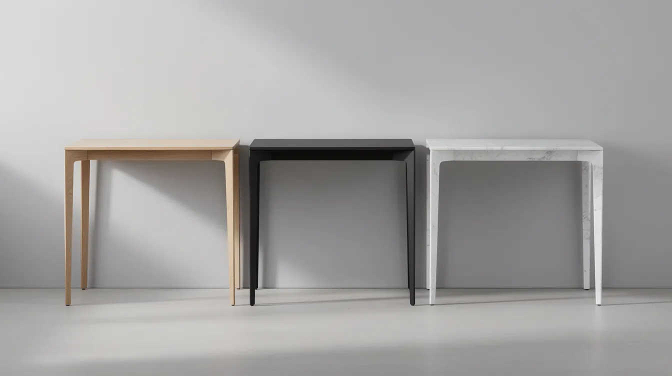 Tre konsolbord i olika material står sida vid sida: ett smalt konsolbord i ljus ek, ett stilrent hallbord i svart metall och ett elegant avlastningsbord i vit marmor. Dessa bord erbjuder både förvaring och en dekorativ touch som passar i olika rum, oavsett stil.
