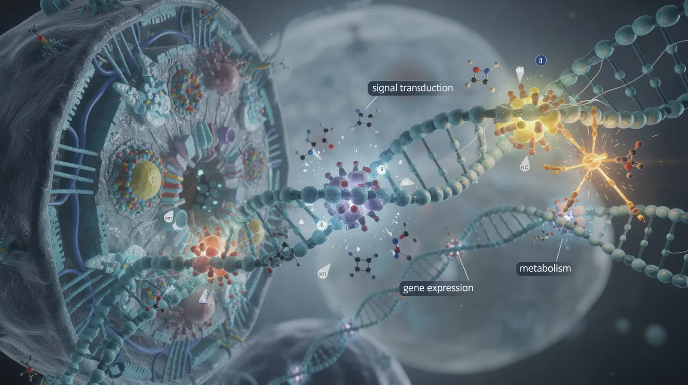 The image depicts a molecular structure visualization that illustrates the cellular mechanisms involved in aging and longevity, specifically focusing on the interactions between various hormones such as estrogen and testosterone. This representation is relevant to research conducted at the Jackson Laboratory, highlighting findings from the interventions testing program that explores treatments to extend lifespan in both female and male mice.