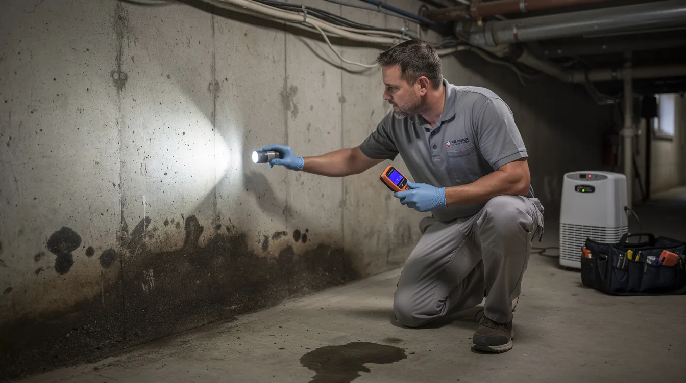 A professional mold inspector is examining a damp basement wall using a flashlight and a moisture meter to assess potential mold growth. This thorough mold inspection aims to identify any hidden mold spores and determine the necessary steps for effective mold remediation.