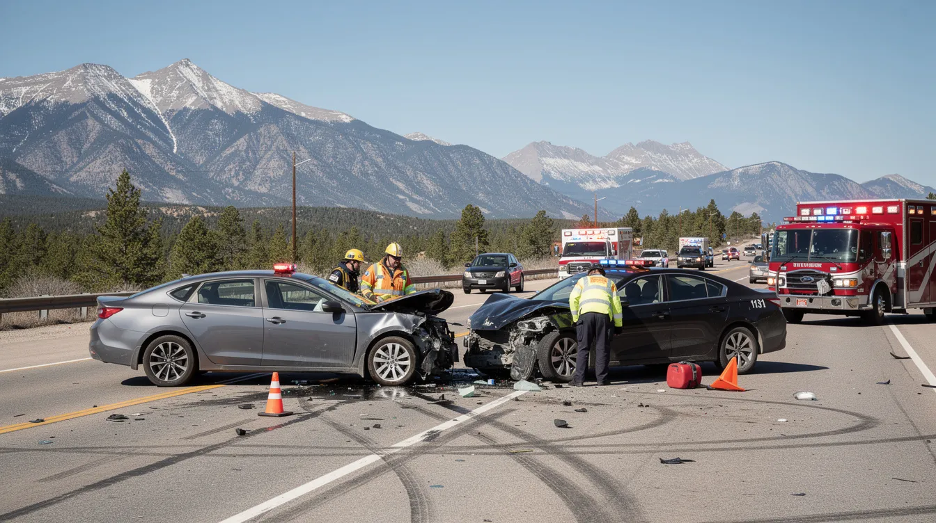 The image depicts a car accident scene on a Colorado highway, with several emergency vehicles, including police cars and ambulances, responding to the incident. The scene suggests a serious rideshare accident, potentially involving an Uber or Lyft vehicle, and highlights the need for immediate medical attention and insurance coverage for the involved parties.