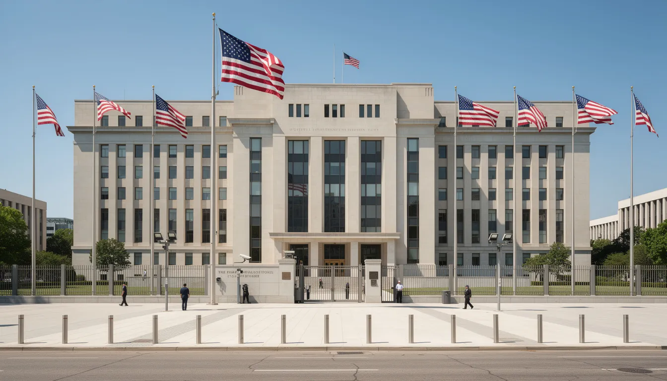Imagen de un gran edificio gubernamental que se asemeja a una embajada de los Estados Unidos, adornado con banderas americanas. Este tipo de instalaciones es crucial en el proceso de obtención de la visa EB-5, que permite a los inversionistas obtener residencia permanente en el país.