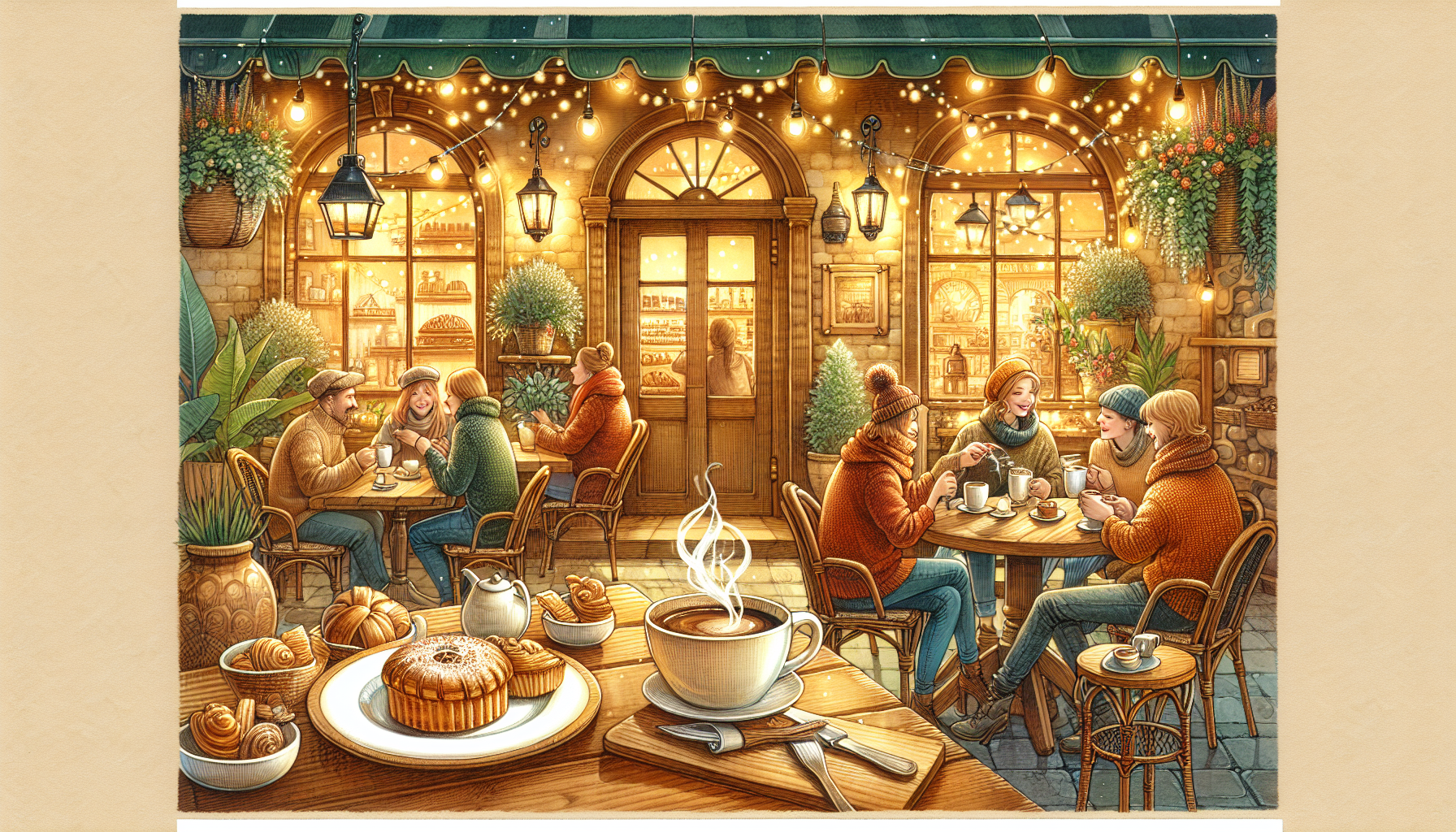 A cozy illustration of a coffee shop atmosphere with friends enjoying coffee and pastries, capturing the essence of Playa del Carmen's dining scene.