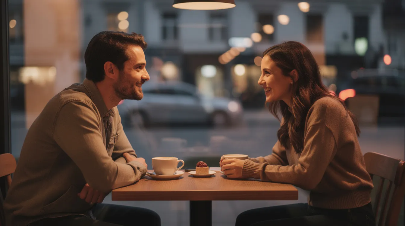 A couple is sitting at a cozy café, engaged in a meaningful conversation on their first date. They are smiling and appear to be enjoying each other's company, as they ask deeper questions to build an authentic connection and ensure they are on the same page about their core values.