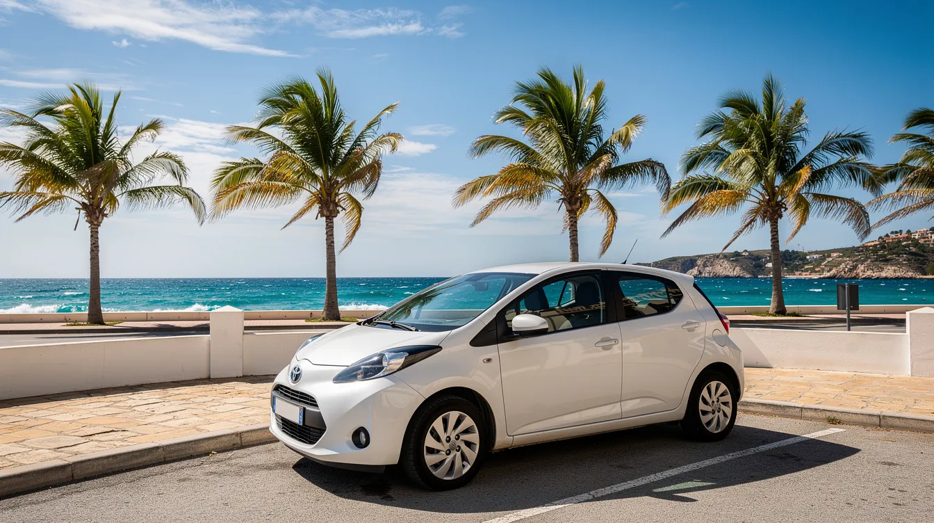 A compact white rental car parked on a sunny coast lined with palm trees.