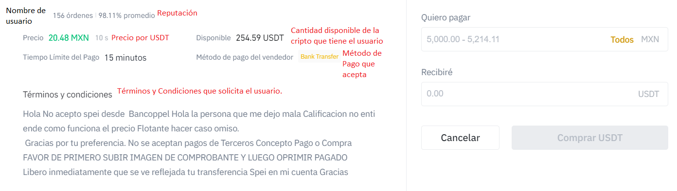 Detalles que observamos en una oferta para comprar USDT con MXN