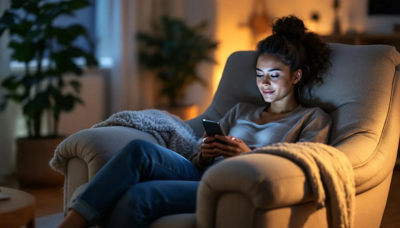 A person is sitting comfortably in a softly lit chair, engaged with a smartphone app that likely focuses on mental health check-ins, promoting self-awareness and emotional well-being. This scene represents a crucial aspect of daily life, emphasizing the importance of managing stress and reflecting on one's mental health.
