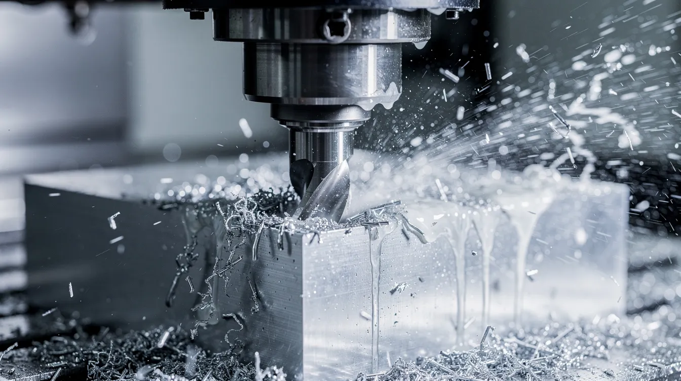 A close-up view of a CNC milling machine actively cutting an aluminum block, with a visible coolant spray that enhances the precision machining process. This image highlights the intricate details of CNC machining services within a modern machine shop, showcasing the efficiency and accuracy required in the manufacturing industry.