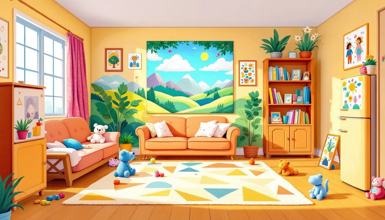 Children's artwork displayed in a family-friendly living room.