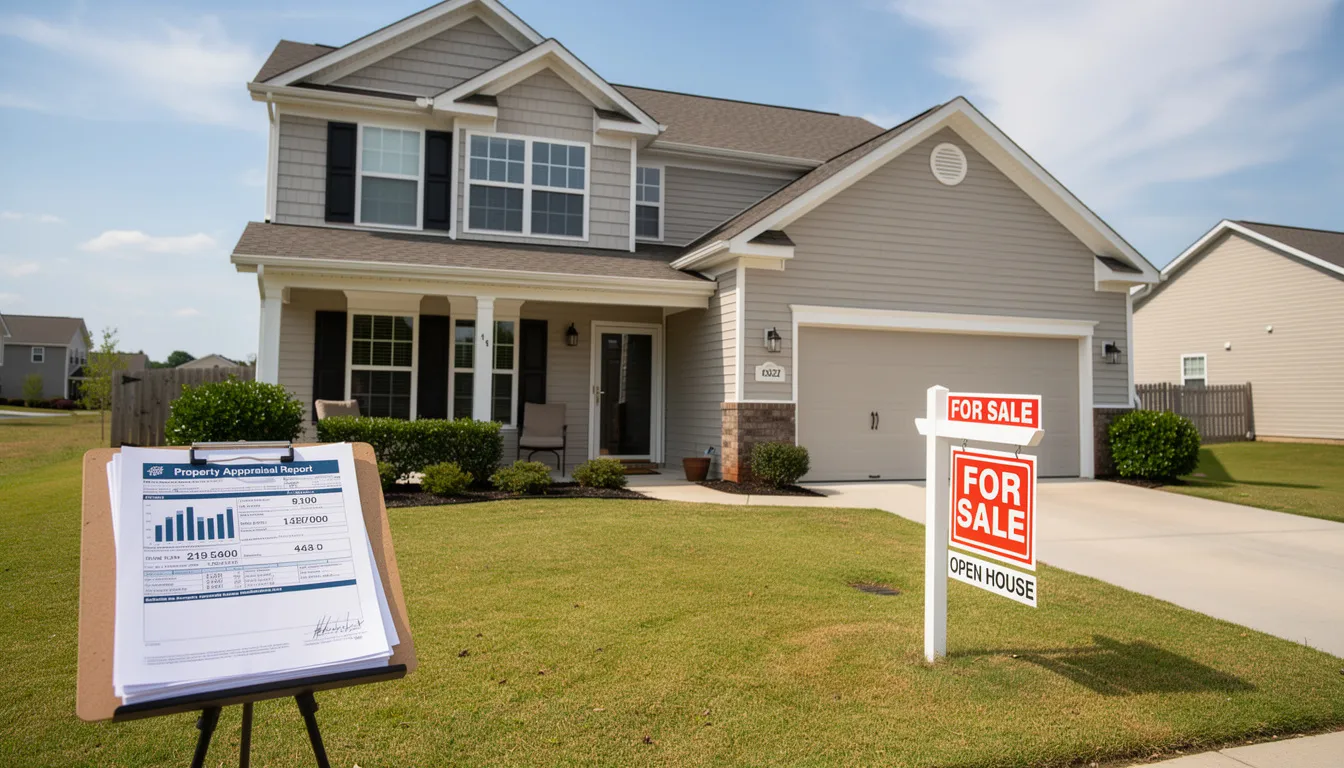 The image shows a suburban home with a for-sale sign in the front yard, accompanied by appraisal documents placed on a nearby surface. This scene highlights the process of accessing home equity and the potential for financial opportunities through options like a home equity loan or cash-out refinance.