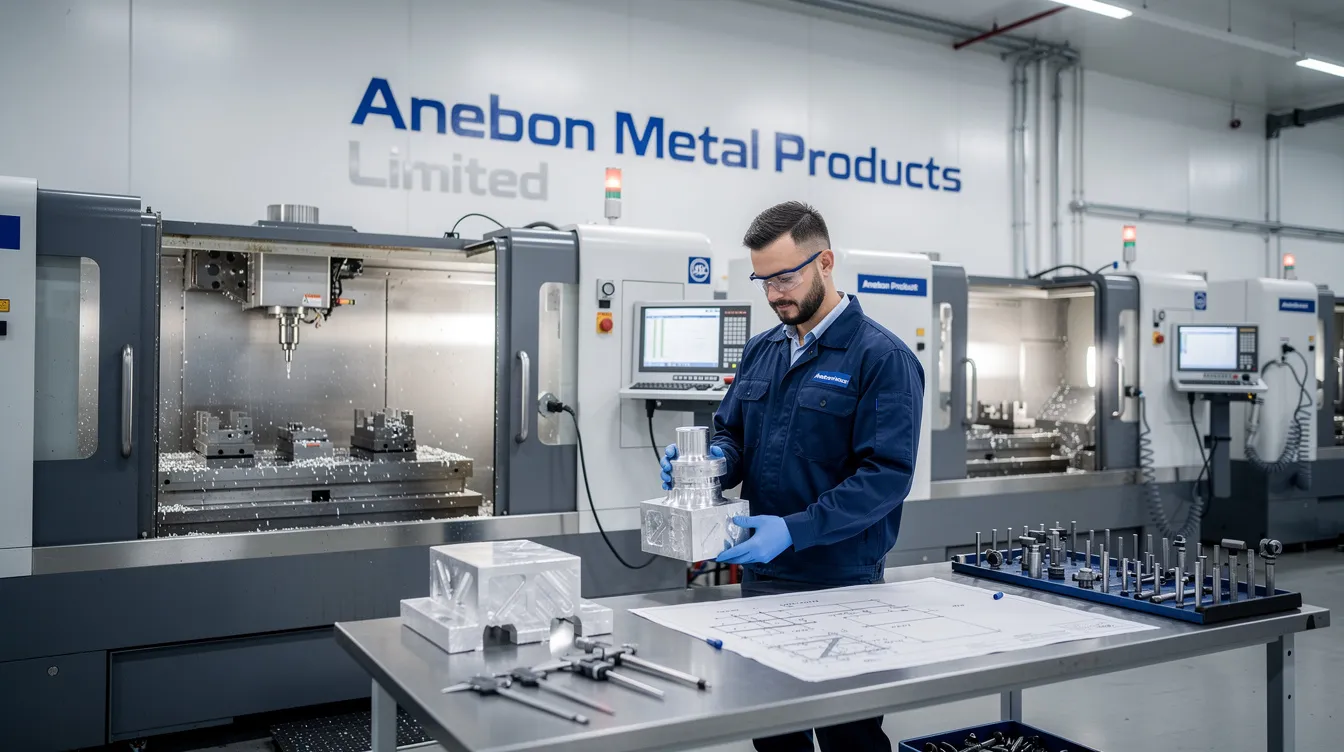 The image depicts the facility of Anebon Metal Products Limited, a CNC machining company specializing in precision CNC machining services. The scene showcases advanced machinery used for CNC milling and turning, highlighting their capabilities in producing custom CNC machined parts from various durable materials like stainless steel and aluminum alloys.